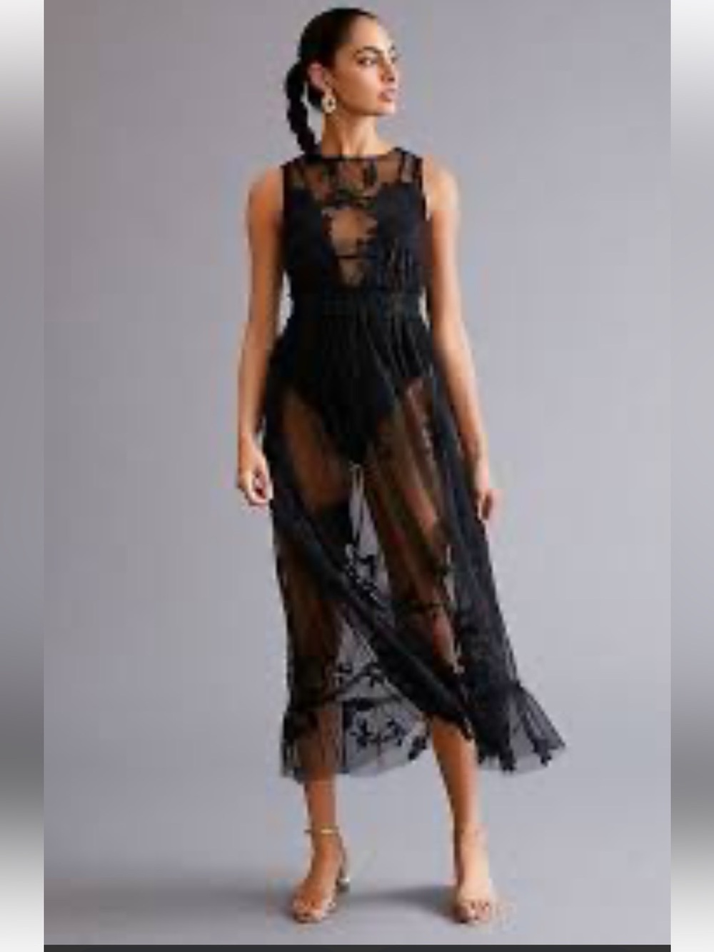 NWT retail $190 size M #Anthropologie, “Embroidered Mesh Maxi Dress” in black.